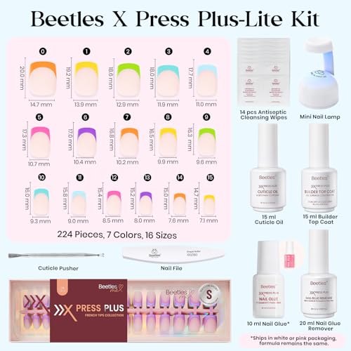 Image of Beetles X Press Summer Nails Kit: Short Square French Tip Press On Nails Kit With 7 Colors 224Pcs Rainbow Nail Tips Nail Glue & Builder Top Coat, UV Light, All-in-One DIY Gift For Women 16 Sizes