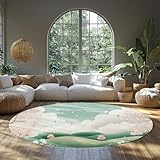 洗濯機で洗えるラウンドエリアラグ90cm春ピーチブロッサムグリーンヒルズプリントローパイル滑り止めサークルカーペットリビングルームバルコニー用