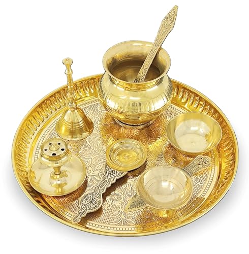 Image of BENGALEN Brass Pooja Thali Set 8 Inch Puja Thali with Pital Plate Kalash Palli Chandan Wati Agarbatti Stand Kappur Arti Diya for Diwali Home Office Mandir Wedding Return Gift Items