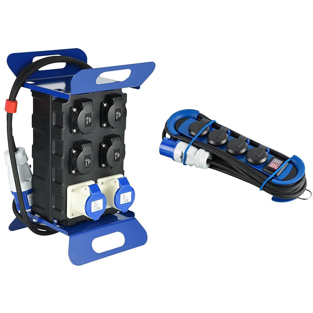 Electraline 60429 Quadro Elettrico di Distribuzione 4 prese Schuko, 2 Prese Industriali CEE & 62576 Multipresa Outdoor con Spina CEE, 4 Prese Schuko con tappo IP44