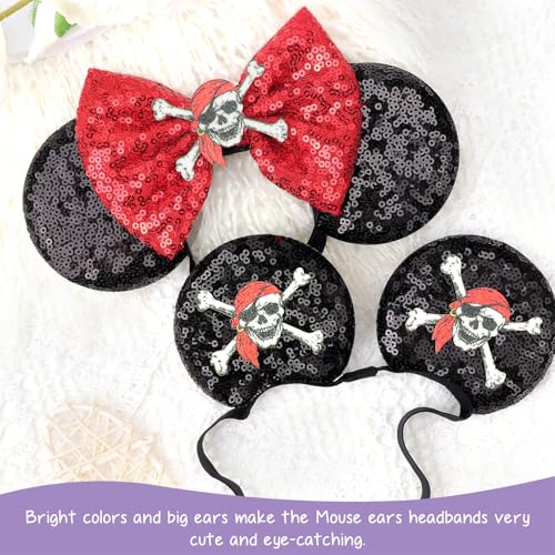 Image of DRESHOW Pirate Themed Mouse Ears Headband with Sequin Bow Headbands Elastic Adjustable Headband Glitter Party Decoration Halloween Cosplay Costume for Women