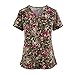 Womens Scrub Tops Fashion Printed Work Uniform T-Shirt V Neck Short Sleeve Nurse Scrub Tunic Blouse with Pockets Medium Brown