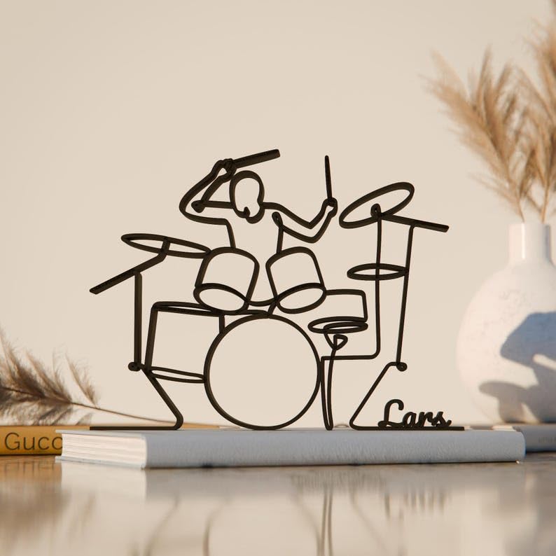 Black Personalized Drummer Plastic Line Art Figure Customized Drum Player Artwork Modern Musician Sculpture Home Decor Music Room Studio Display Unique Personalized Gift Band Performer Artist India-image-33