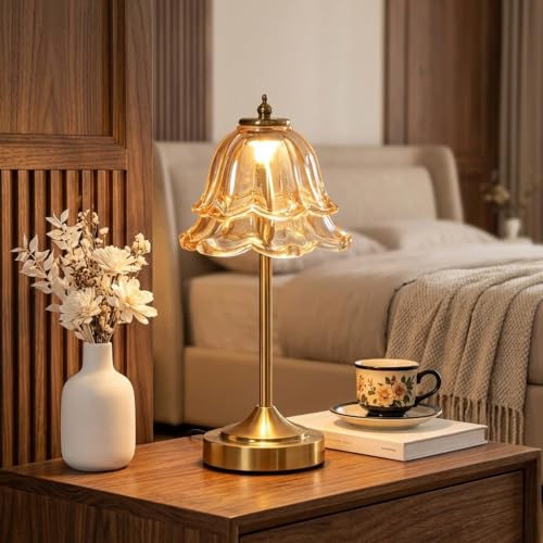 Image of NYRWANA Cordless Rechargeable Glass Table Lamp with 2000mAh Battery, USB-C Charging, Stepless Dimming, 3 Colour Touch Control, Lamp for Bedroom, Living Room, Home Decor (Metal)