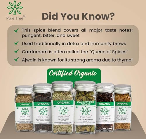 Image of Pure Tree Certified Organic Ajwain 60g, Fenugreek 100g, Black Pepper 65g, Clove & Fennel 50g, Cardamom 50g | Glass Jar | Spice Mix | Kali Mirch, Saunf, Methi Dana, Carom, Clove, Elaichi Combo Pack