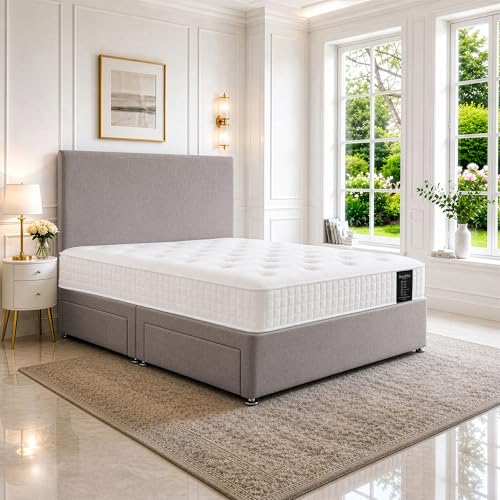 SANA SLEEP Sleek 4FT Small Double Bed with Pocket Sprung Mattress & 2 Drawers | Compact Bedroom Set | Sturdy Frame for Comfort | Chic Divan Design | Modern Spaces Furniture (Silver Plush)