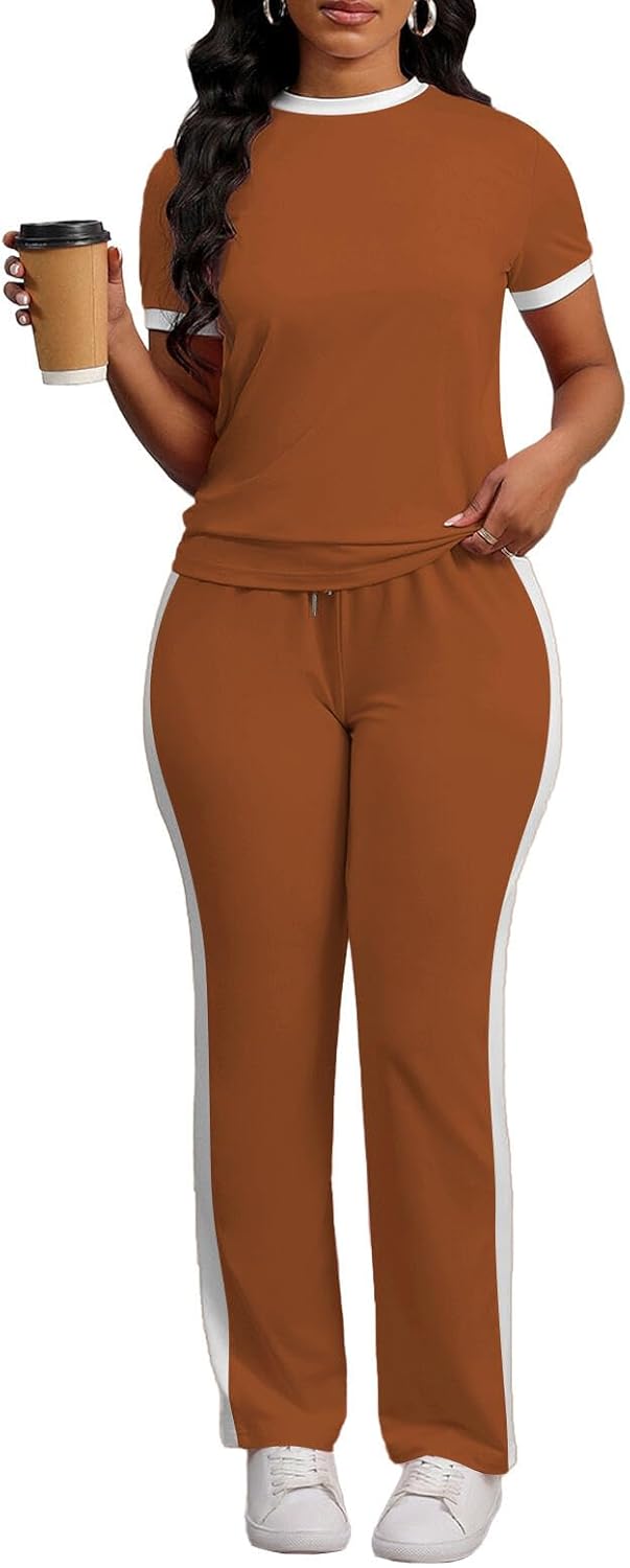 PINSV Women's 2 Piece Outfits Short Sleeve Tops Sweatpants Colorblock Bodycon Lounge Sets Tracksuit - Image 6