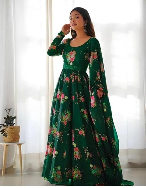 Image of Elegant Floral Printed Long Kurti with Matching Dupatta in Flowing Poly Georgette Fabric for Graceful Ethnic and Festive