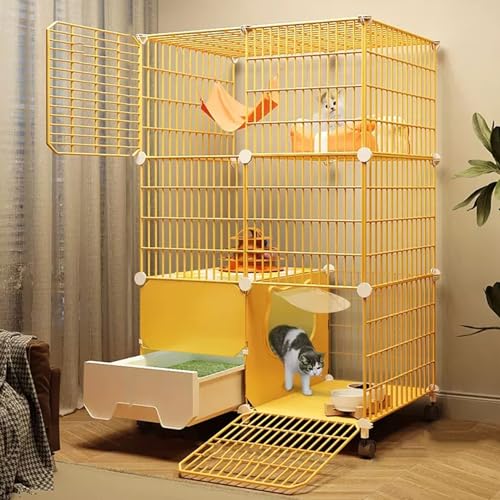 猫ケージ 屋内 猫用トイレ付き 猫用トイレ付き 猫の囲い DIY 猫 ベビーサークル 車輪付き 取り外し可能な金属ワイヤー 大型子猫エンクロージャー 1-2匹用 簡単取り付け (サイズ:29.5x19.3x44インチ/75x49x