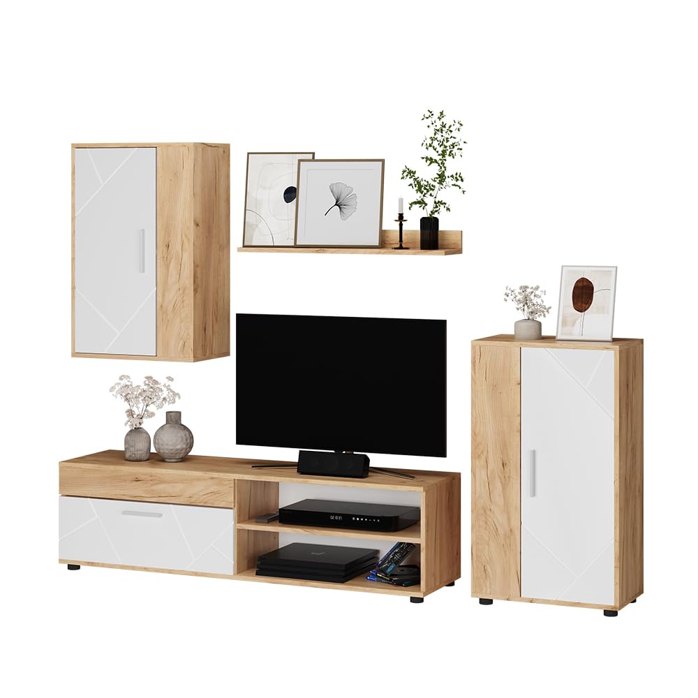 Vicco Meuble Mural Berno, Chêne doré/Blanc, Set de 4 pièces, Convient au Rangement des appareils multimédias et des Accessoires