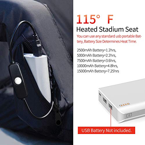 【Upgraded】 Heated Stadium Bleacher Seat, Foldable Portable Chair, 5 Reclinng Positions Back and Arm Support Thick Cushion for Outdoors Sports Camping & Indoor. (Not Include USB Power Bank)
