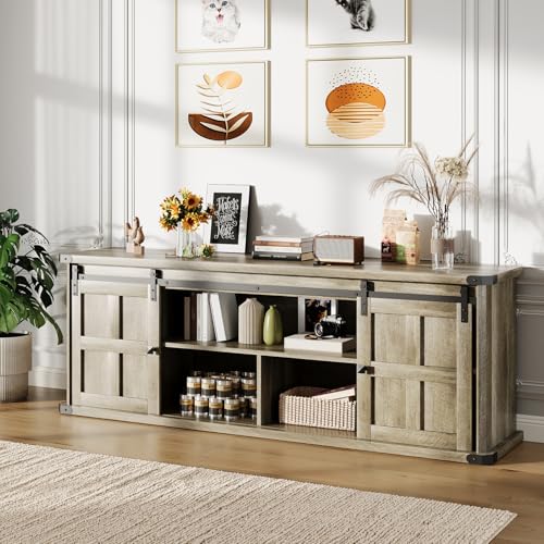 GAOMON 70" Farmhouse TV Stand for 80/75/70 Inch TVs,Entertainment Center Storage Cabinets w/Power Outlets and Sliding Barn Door,Rustic TV Stands for L