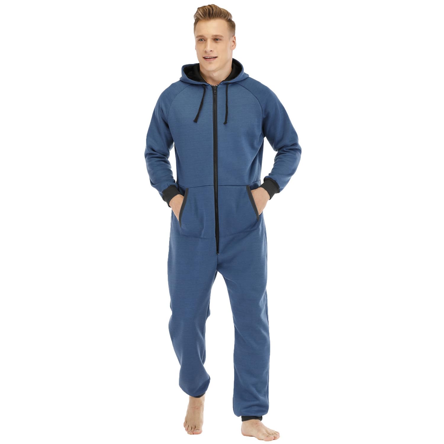 Pyjama Grenouillere Homme Combinaison Pyjama a Capuche Casual Polaire Doublure Mélange de Coton Zippé Adulte Une Pièce Hiver Automne Chaud Confortable Homewear