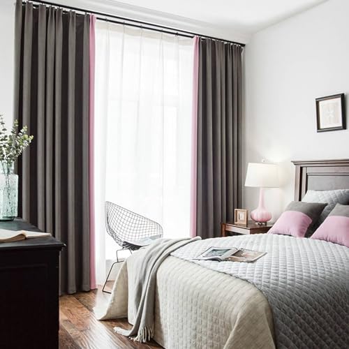 Musihy Thermal Drapes 108 Inches Long, Two-tone Patchwork Blackout Curtains for Bedroom, Grey Pink, 54W x 108L inch