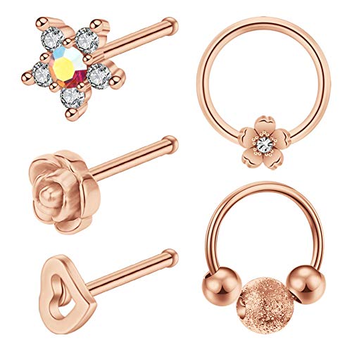 Mayhoop Nasenpiercing Ring Stecker Chirurgenstahl Nasenring Nasenstecker Piercing Nase 20 Gauge Piercing Schmuck 5Stk Rosegold Cover
