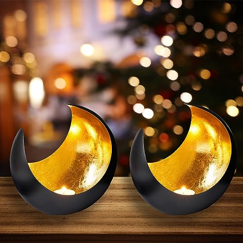 Marrakesch 2er Set Windlicht aus Metall in schwarz Gold Moona 20cm Groß | Orientalische Vintage Teelichthalter Gartenwindlicht als Tischdeko | Windlichter aus Metall als Moderne Hochzeit Dekoration