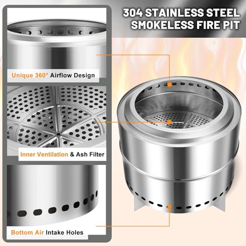 Smokeless Firepit, 19.5 Inch Stainless Steel Outdoor Portable Fire Pit with Removable Ash Pan and Carry Bag, Wood Burning Firepits for Outside with Stand, Ideal for 4-6 People, Silver