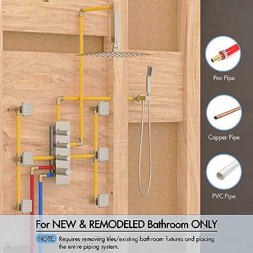 Image of Shower Jets System, 16 inch Ceiling Rainfall Shower System with Spray Jets(Can All Run Together) Thermostatic Shower System with Handheld Shower Head and 6 Body Spray Jets - Brushed Nickel