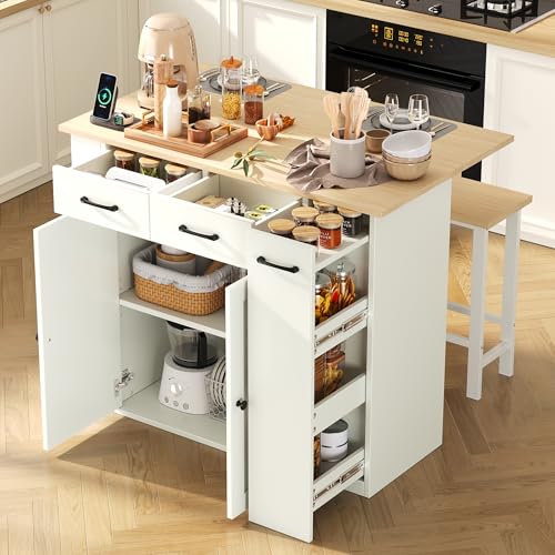 Yihomfy Îlot de Cuisine Extensible avec Rangements, Prises USB-C, 2 Chaises - Plan de Travail...