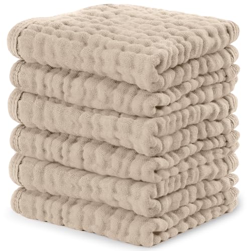 Image of Comfy Cubs Muslin Baby Washcloths 6 Pack - Soft 6-Layer Cotton Wash Cloths for Sensitive Skin - 10"x10" Large, Gentle, Absorbent Infant Essentials for Newborn and Toddlers - Sand