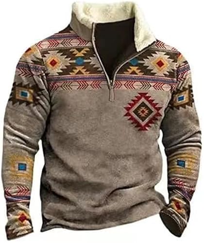 Kewing Men's # 2 Western Aztec Sweatshirts Half Zip Sherpa Collar Warm Jacket Long Sleeve Fleece Pullover Tops
