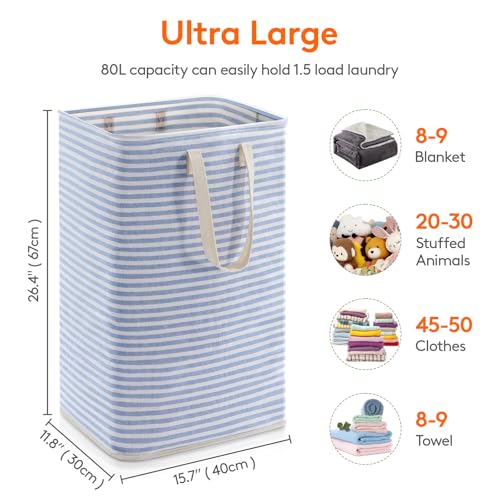 Image of Lifewit 1 Pack Laundry Basket 80L Each, Collapsible Clothes Hamper with Reinforced Handles, Freestanding Waterproof Design for Bedroom and Laundry Room, Blue 80L Total
