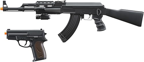 GoldenBall Pistola Táctica de Airsoft AK47 AEG con Resorte, Kit de Batería y Cargador, Láser, Linterna, Balones 0.12g Incluidos
