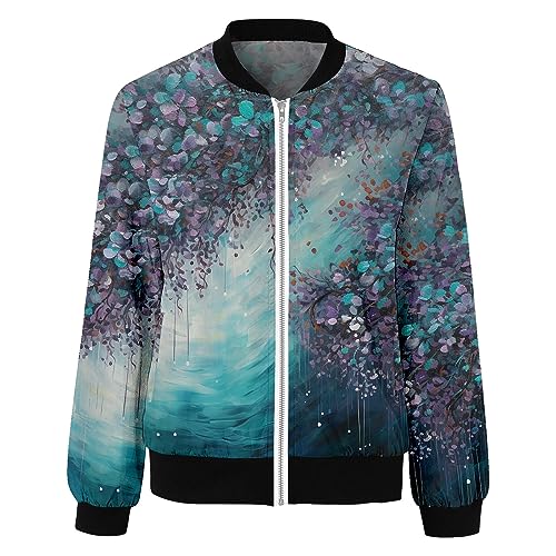 Chic Dark Blue Floral Bomber Jacket for Women – Long Sleeve, Waterproof, and Pocketed Style - Image 3
