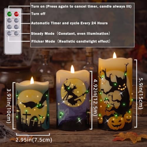 Image of Halloween Flameless Candles, Battery Operated Candles with Remote | Fiber Optic Flameless Pillar Candles Set Of 3 For Halloween Decorations Indoor