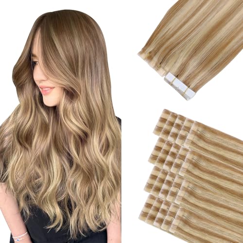 Image of Sindra Invisi Edge Tape in Hair Extensions Human Hair | 20Inch 55g 20pcs, Golden Brown Mixed Light Blonde, Invisible Injected Tape Ins, Soft Natural, Seamless Blend