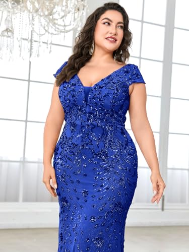 Image of Plus Size Womens Sequined Long Evening Gown Glamous Sleeveless V-Neck Mermaid Prom Dress for Wedding Party