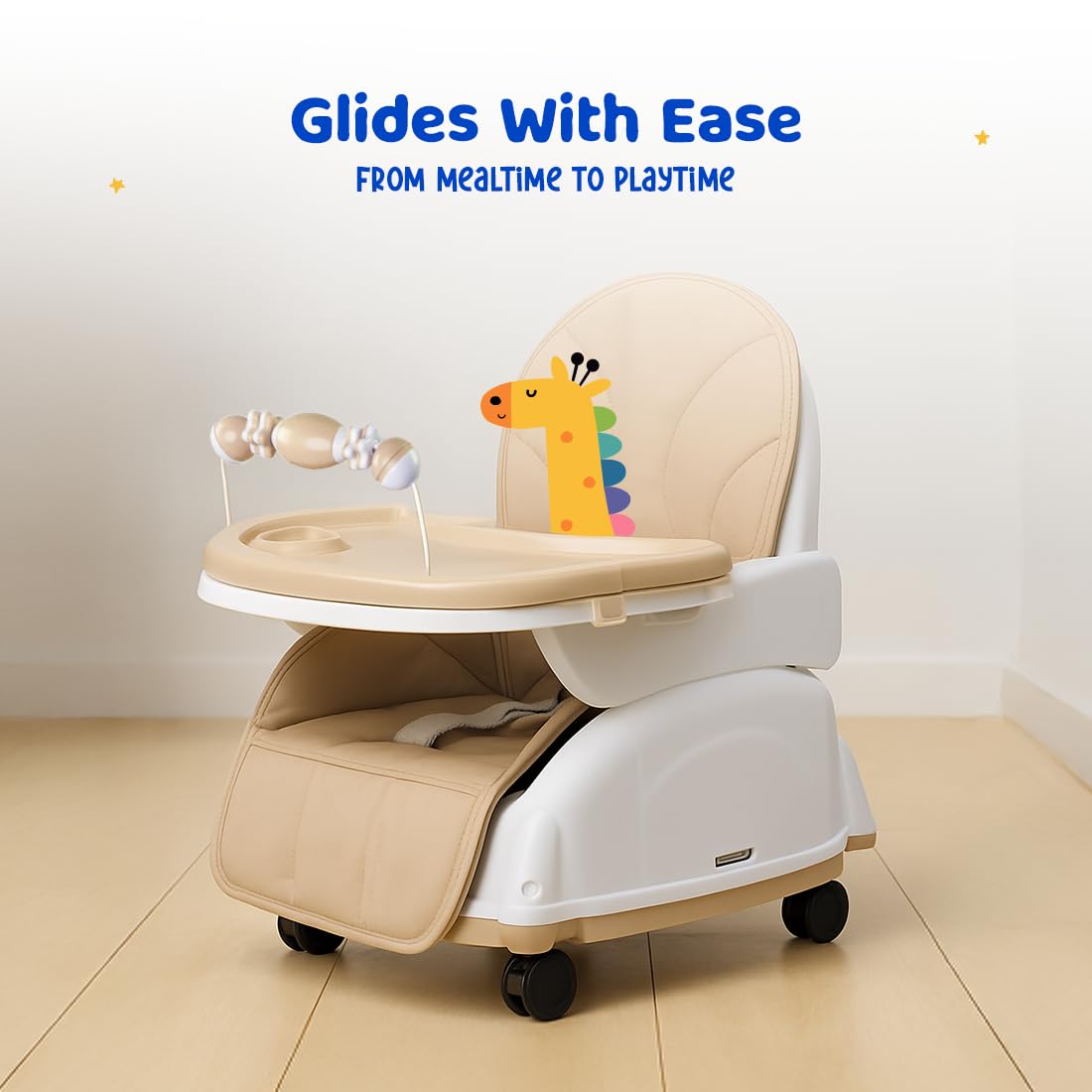 BUMTUM Baby Luxury High Chair 4 in 1 Convertible Folding with Footrest, Convertible to High Chair, Low Chair, & Feeding Seat with Cushion pad - Tan - Image 5 thumbnail