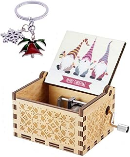 Merry Christmas Music Box Laser Engraved Vintage Wooden Sunshine Musical Box Gifts Christmas snowflake and bell keychain for Birthday Christmas New year