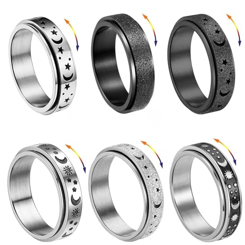 LOCCY 6 Pcs Hommes Acier Inoxydable Bague Noir/Argent Bague Lune Étoile Bagues Anti Stress en Acier Inoxydable pour Femme Homme Anneau Spinner Mariage Promise...