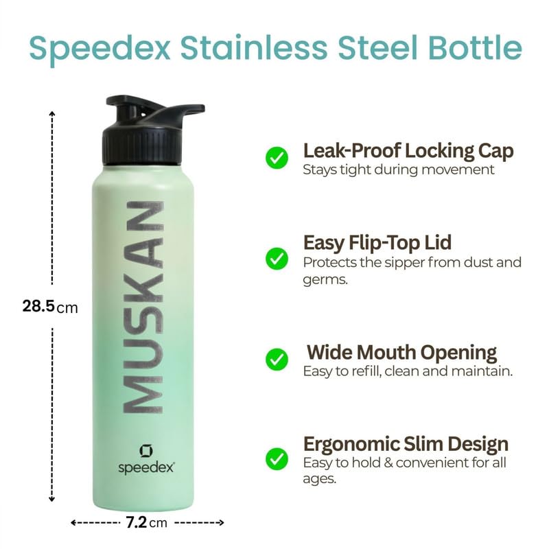 Image of Speedex Customised Stainless Steel Water Bottle 1 Ltr with Name - Personalised Engraved Sipper Cap Bottle for Kids, Men & Women, School, Gym, Office Dual Green, Set of 1