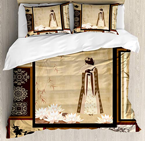Ambesonne Japanese Duvet Cover Set, Girl in Traditional Dress and Cultural Patterns Ornaments Antique Eastern Collage, Decorative 3 Piece Bedding Set with 2 Pillow Shams, Queen Size, Brown Cream