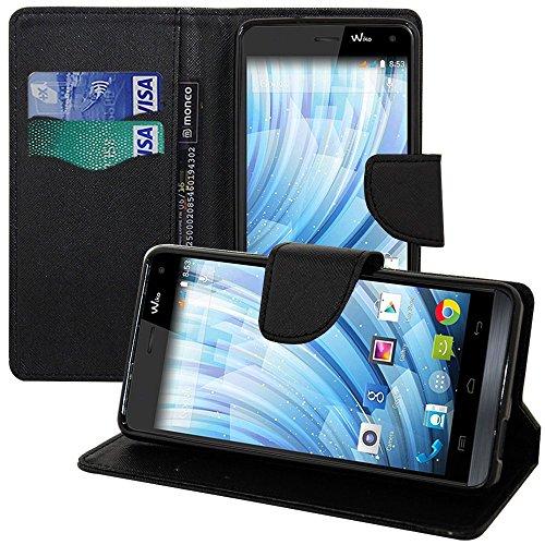 VCOMP® Housse Coque Etui Portefeuille Support Video Livre Rabat Cuir PU Effet Tissu pour Wiko Getaway - Noir