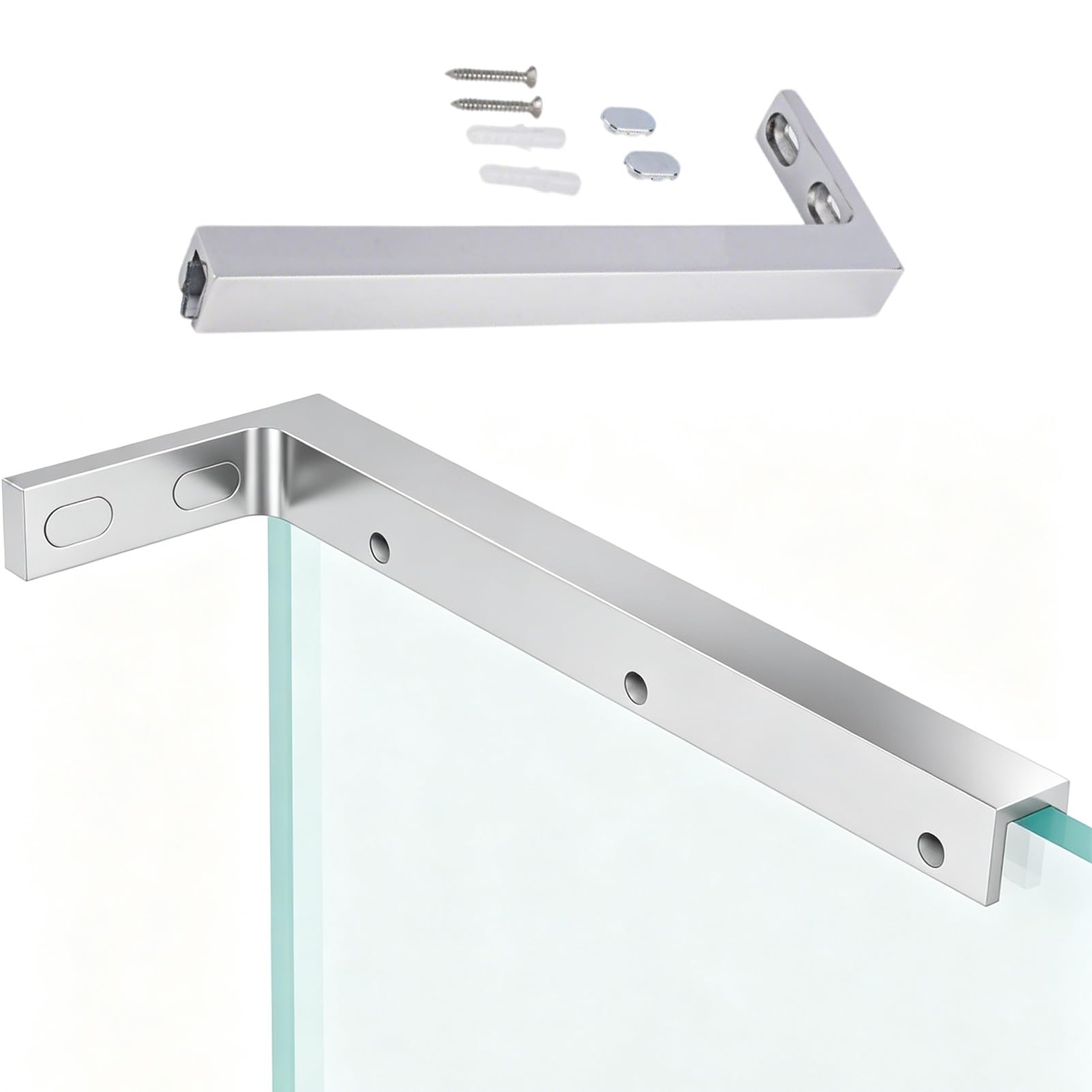 Barra de Soporte para mampara de Ducha, Soporte en L Impermeable para Panel de Vidrio, Abrazadera Estable de Pared a Vidrio, Acabado Plateado Pulido para Cabina de Ducha - 340 mm de Longitud
