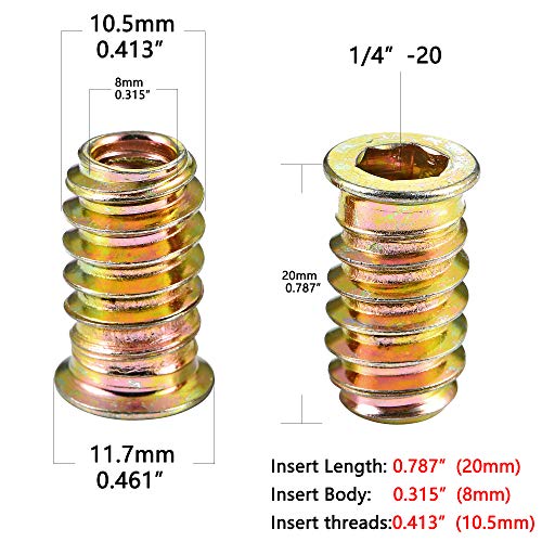 80 pcs 14 34- 20 threaded inserts for wood - metal screws assortment hex socket drive nut inserts bolt fastener connector wood embellishments for furniture 1434-20x20mm