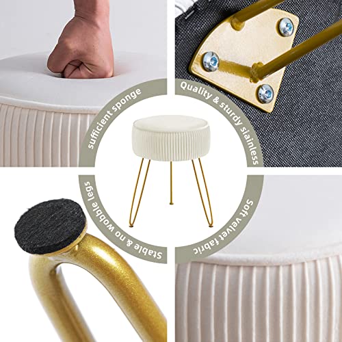 Gerant Multifunctional Vanity Stool,Modern Vanity Stools For Makeup Room,Velvet Round Ottoman Footrest Stool With Metal Legs, Upholstered Pleated Vanity Chair Stool For Living Room,Offices(Beige) #TOP4