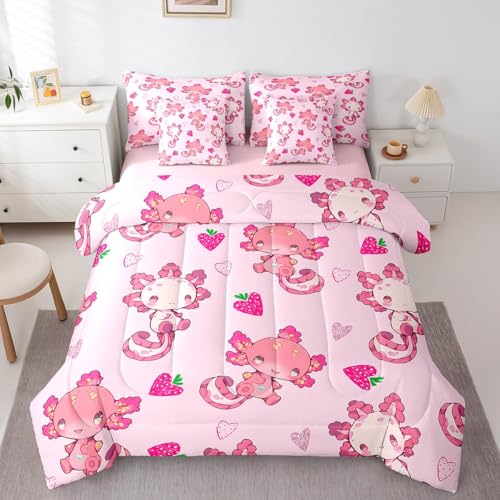 Image of Feelyou Kids Cute Axolotl 7 Pieces Bedding Set Queen Size, Strawberry Comforter Set with Sheets Boys Girls Kawaii Ocean Sealife Bed in A Bag Cartoon Fruit Teens Bed Set Bedroom Decor 7Pcs