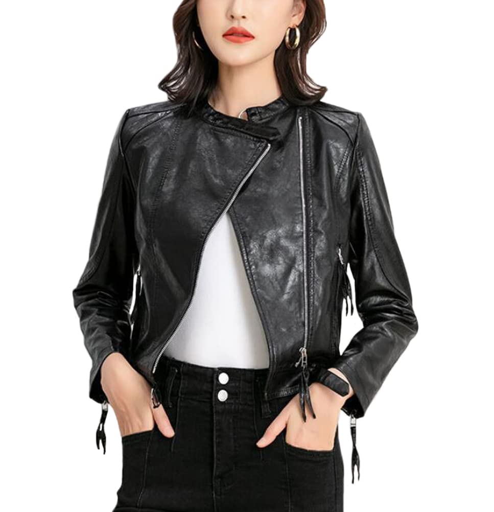 Huixin Moda damska Slim Fit kurtka z imitacji skóry, lekka, ze stójką, dla motocyklistów, krótka skórzana kurtka z zamkiem błyskawicznym pod kątem, Czarny, XXL