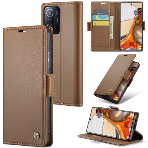 Rerzoiro Handyhülle für Xiaomi 11T 5G / Xiaomi 11T Pro 5G Hülle Premium PU Lederhülle Klappbar Flip Case [RFID Blocker] Tasche Magnet Kartenfach Klapphülle Schutzhülle für Xiaomi 11T 5G Braun