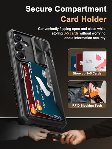 Image of Vihibii PC,Silicone For Samsung Galaxy S25 Plus Wallet Case With Card Holder(4 Cards)[RFID Blocking] & Slide Camera Cover & Raised Edges Protect Screen,Shockproof Rugged Case S25+ 6.7 inch 2025,Black