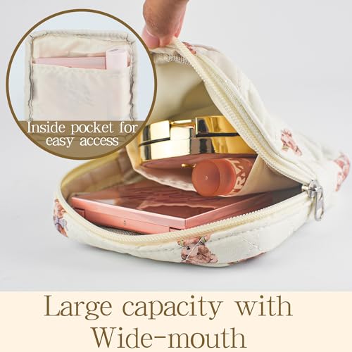 Small Floral Quilted Makeup Bag, Coquette Aesthetic Travel Toiletry Organizer for Women, Lightweight Cotton Cosmetic Pouch3