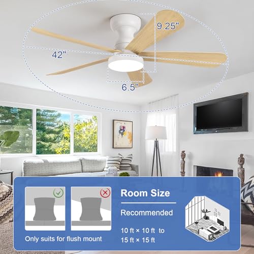 Image of Depuley Small Ceiling Fan with Lights: 42-Inch Flush Mount Fan with Light and Remote - Low Profile Ceiling Fans Reversible Quiet DC Motor for Bedroom Living Room Indoor Outdoor, Wood Color