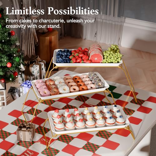3-Tier Plastic Serving Tray Set for Party, 17 Platters with 3 Collapsible Metal Stand for Sevring Food, Dessert, Veggie, Fruit, Cookies, Premium-PBT Plastic, Microwave-Safe (Gold) - Image 8