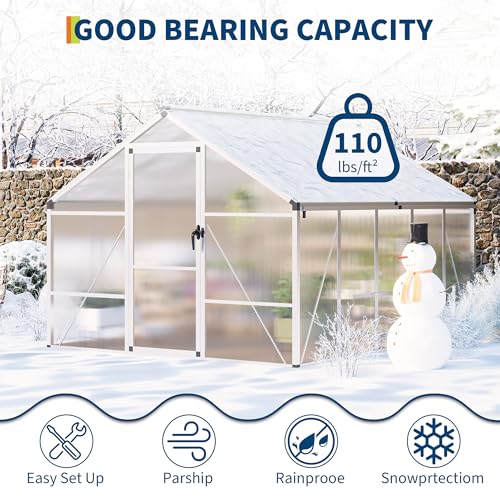 8x10 FT Greenhouse for Outdoors, Polycarbonate Greenhouse with Roof Vent, Ground Nails, Lockable Push Door, Aluminum Large Walk-in Green House for Outside Garden Backyard, Patio, Lawn, Silver