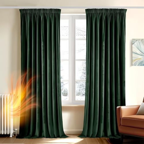 Deconovo Lot de 2Rideaux en Velours Occultants avec Bande Froncée Rideaux en Velours Thermiques pour Salon et Chambre,140L x 200H cm (2 Panneaux) Vert Foncé