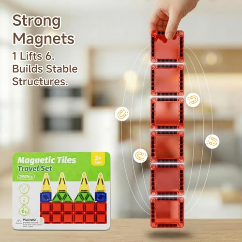 Image of Travel Magnetic Tiles for Kids Car Games Road Trip Essentials | 26 PCS Mini Magnet Building Blocks in Tin Box to Stop Crying - 0.64 lb Pocket Size Educational Toy- Boys Girls Age 3-8